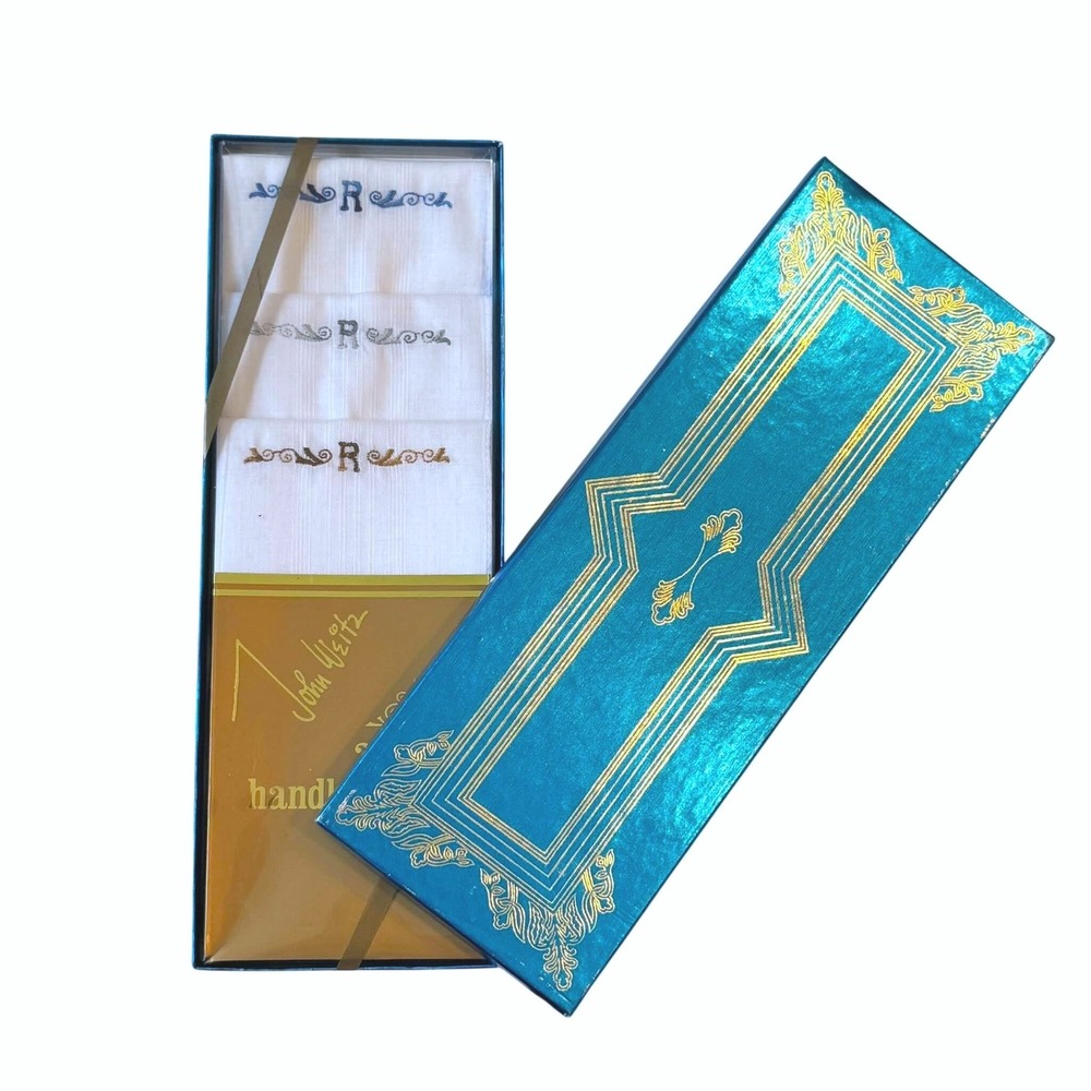 Vintage John Weitz Mens Handkerchiefs Set 3 Monogram R 1980s New In Box Cotton